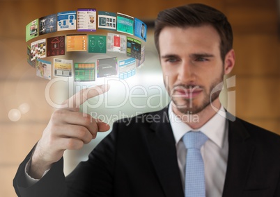 Screen interface and Businessman touching air in front of elevator