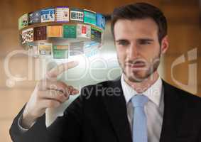 Screen interface and Businessman touching air in front of elevator