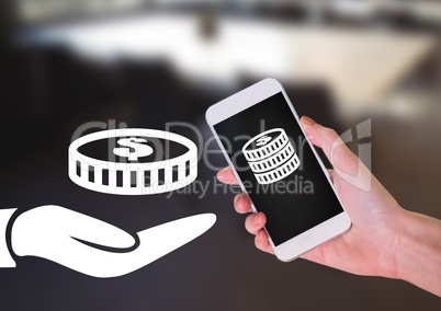 Hand using phone sending and receiving money icons