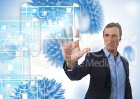 Minimal interface and Businessman touching air with open hand in front of science micro organisms