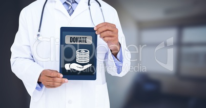 Doctor holding tablet with donate button and hand giving money for charity icon