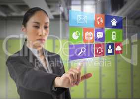 App interface and Businesswoman touching air in front of lockers