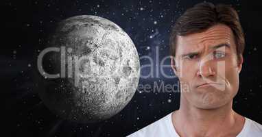 Man looking confused and indecisive with moon and space background