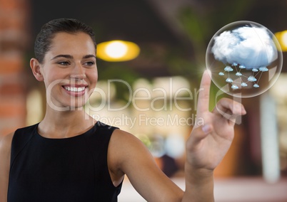 Cloud bubbles and Businesswoman touching air in front of cafe