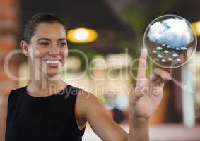 Cloud bubbles and Businesswoman touching air in front of cafe