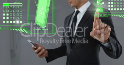 Secure phone scanning interface and Businessman touching air with phone in front of corridor