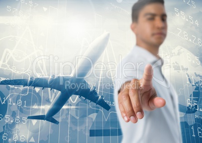 Businessman pointing touching air in front of plane flying with statistics