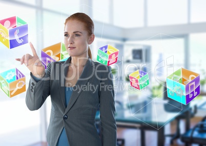 Cube apps and Businesswoman touching air in front of office