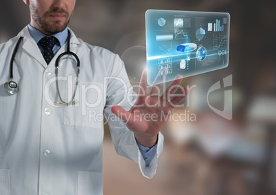 Information interface and Doctor man touching air in front of blurred background