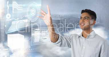 technology interface and Businessman touching air in front of city