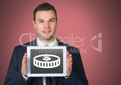 Man holding tablet with money icon