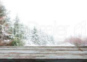 Wooden floor with Winter snow theme background