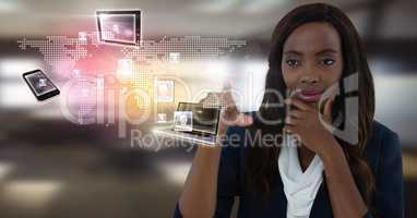 Technology devices interface and Businesswoman touching air in front of office windows