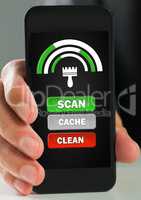 Hand using phone with scan and clean cache buttons