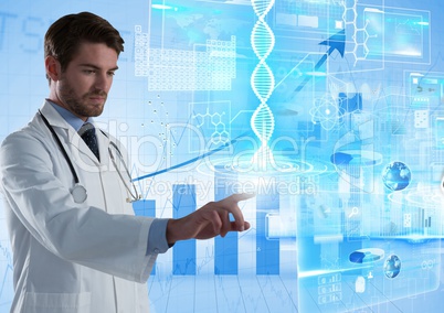 Medical science interface and Doctor touching air in front of bar charts