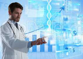 Medical science interface and Doctor touching air in front of bar charts