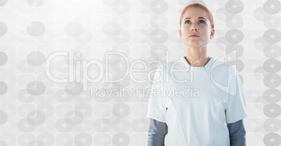 Woman looking up with bright pattern background