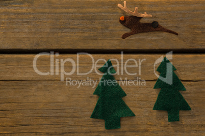 Overhead view of Christmas tree and reindeer decoration