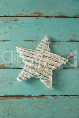 Christmas decorations on wooden plank