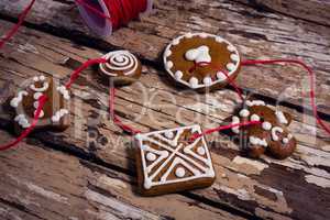 Various christmas cookies arranged in thread