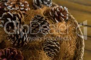 Close up of pine cones and hay in basket