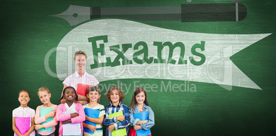 Composite image of portrait of students with teacher holding files