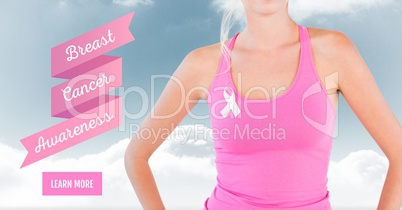 Learn more button with Text of Breast cancer awareness woman with sky clouds background