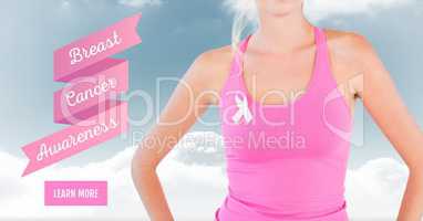 Learn more button with Text of Breast cancer awareness woman with sky clouds background