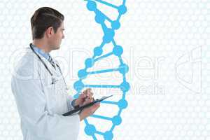 Doctor man holding a folder with DNA strand