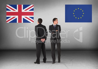 United Kingdom flag or Europe flag with Businessman looking in opposite directions