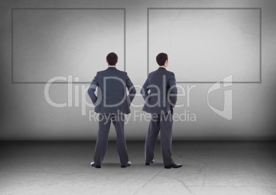 Blank rectangular frames with Businessman looking in opposite directions