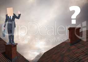 Question mark and Businessman standing on Roofs with chimney and cardboard box on his head and drama