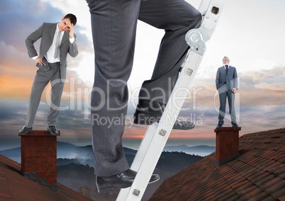 Businessman climbing ladder and Businessmen standing on Roofs with chimney and colorful landscape