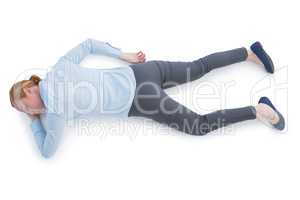 Businesswoman sleeping on white background