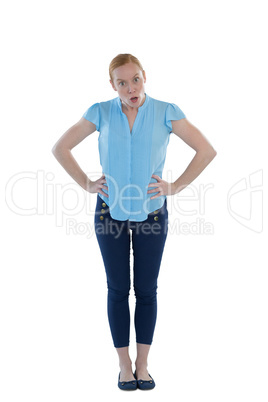 Female executive shouting against white background