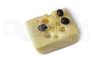 Cheese and olives on a white background.