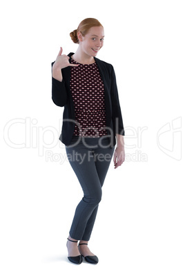 Female executive gesturing against white background