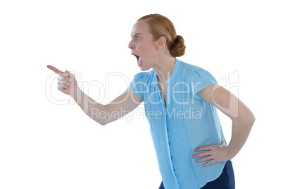 Female executive shouting against white background