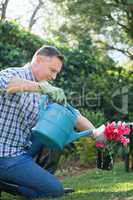 Man watering flowers with a watering can