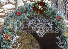 Beautiful decoration of the entrance to the house for Christmas.