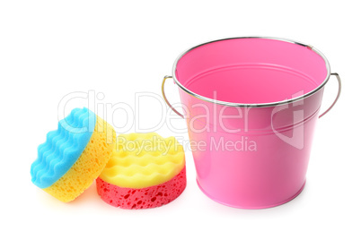 Bucket and foam sponge isolated on white background
