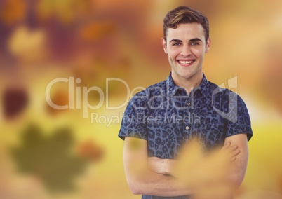 Man in forest with leaves