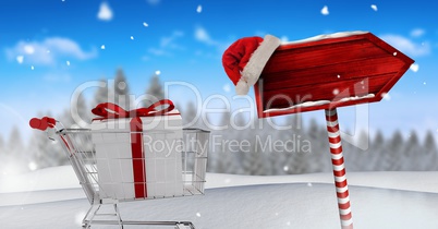 Gift in shopping trolley and Wooden signpost in Christmas Winter landscape and Santa hat