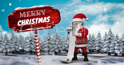 Merry Christmas text and Santa reading list with Wooden signpost in Christmas Winter landscape