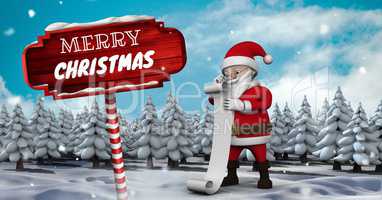 Merry Christmas text and Santa reading list with Wooden signpost in Christmas Winter landscape