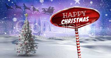 Happy Christmas text and Wooden signpost in Christmas Winter landscape and Santa's sleigh and reinde