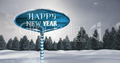 Happy New Year text on Wooden signpost in Christmas Winter landscape