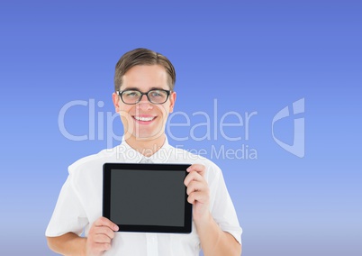 Man holding tablet with blue background