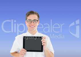 Man holding tablet with blue background