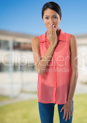 Woman surprised with building